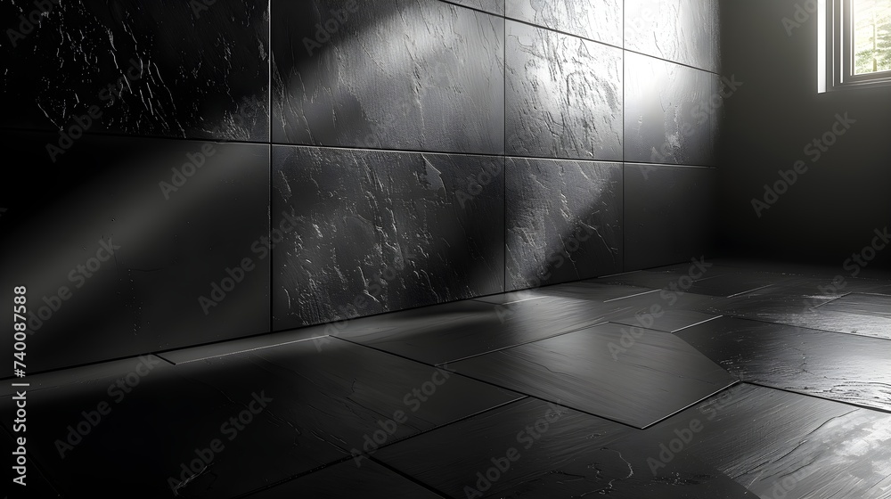 Fototapeta premium Close-up of black brick wall texture with block pattern, tile floor of different shapes, light from the window falls on the wall