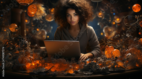 Woman working on laptop computer. Generative AI