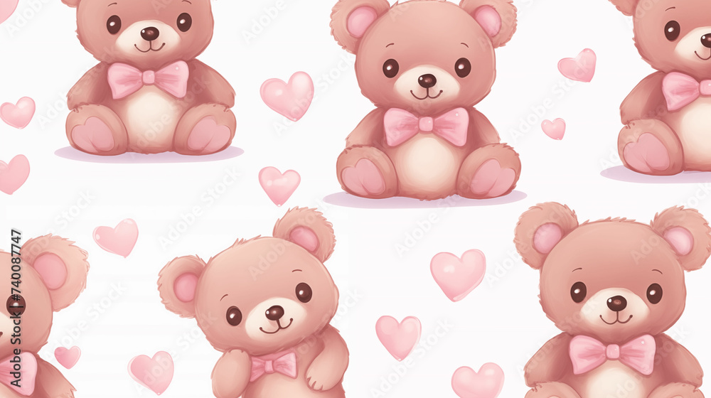 Set of teddy bears with hearts on a white background. Generative AI