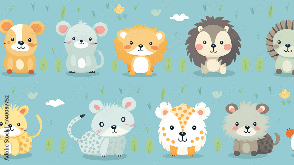 Group of various animals standing in grassland. Generative AI Group of various animals standing in grassland. Generative AI