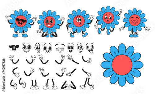 Retro Groovy Daisy Cartoon Character Builder. Vector Collection Of 70s-inspired Comic Chamomile Expressions, Limbs