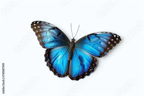 Beautiful blue tropical Morpho butterfly with wings spread and in flight isolated on white background, close-up macro, DOF. Depth of Field, high quality photo, Generative AI