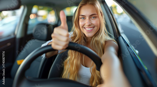 Beautiful girl driver smiles and shows a thumbs up while driving a new car. Front view. Concept of buying or renting a new car