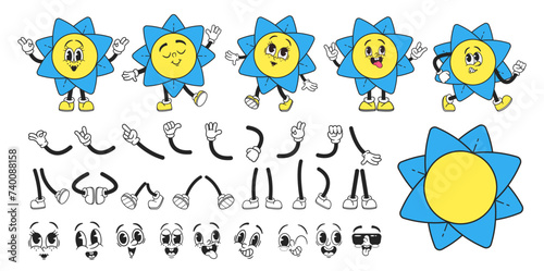 Retro Groovy Flower Character Builder. Vector Collection Of 70s-inspired Hippie Comic Expressions, Vector Illustration