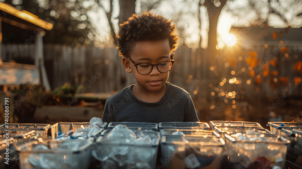 Boy checking the separated recyclable waste in his backyard - obrazy, fototapety, plakaty 