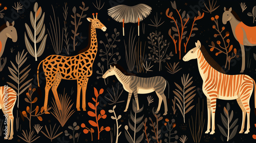 Zebras and giraffes standing in forest. Generative AI