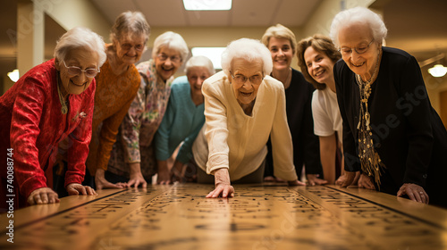 Group of older people standing around wooden table. Generative AI photo