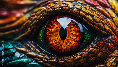 Close-up of Vibrant Dragon Eye. Detailed macro shot of a colorful dragon's eye, capturing the intricate textures and vivid colors. © PixelBook
