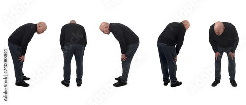 various poses of same man crouched down and looking down on white background photo