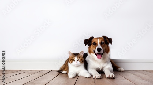 Portrait of funny dog Jack Russell Terrier and cheerful cat Scottish Straight isolated on white backgroun