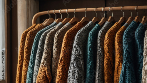 Cozy comfort fashion wardrobe Autumn 2023, What To Wear This Fall. Many autumn colors warm knitwear sweater, knitted clothes hanging on hangers in the closet.