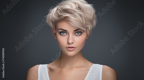 Portrait of young girl with blond short hairstyle looking at camera isolated on gray background with copy space