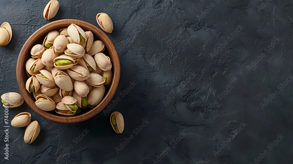 Pistachio nuts in wooden bowl on black background. Pistachios are rich