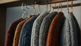 Cozy comfort fashion wardrobe Autumn 2023, What To Wear This Fall. Many autumn colors warm knitwear sweater, knitted clothes hanging on hangers in the closet.