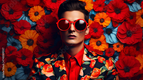 Contemporary pop art portrait of handsome man human in stylish outfit on a blooming flower background. Modern drawing painting poster of fashion vintage retro people