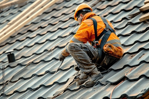 Construction Worker in Safety Gear Installing Roof Tiles with Precision and Care.