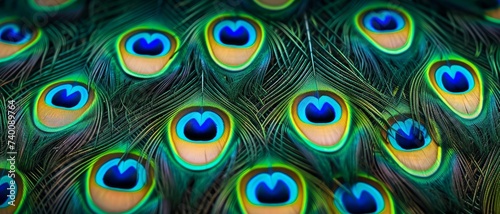 Animal bird background. Closeup of peacock feathers, top view. Generative AI