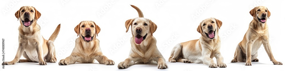 Animals pets dog banner panorama long. Collection of funny cute crazy laughing lying, jumping, standing, sitting beige yellow labrador  retrievers dogs, Generative AI