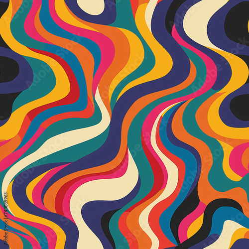 Seamless Pattern Inspired by 70s Retro Style, Vibrant Colors, and Psychedelic Aesthetic