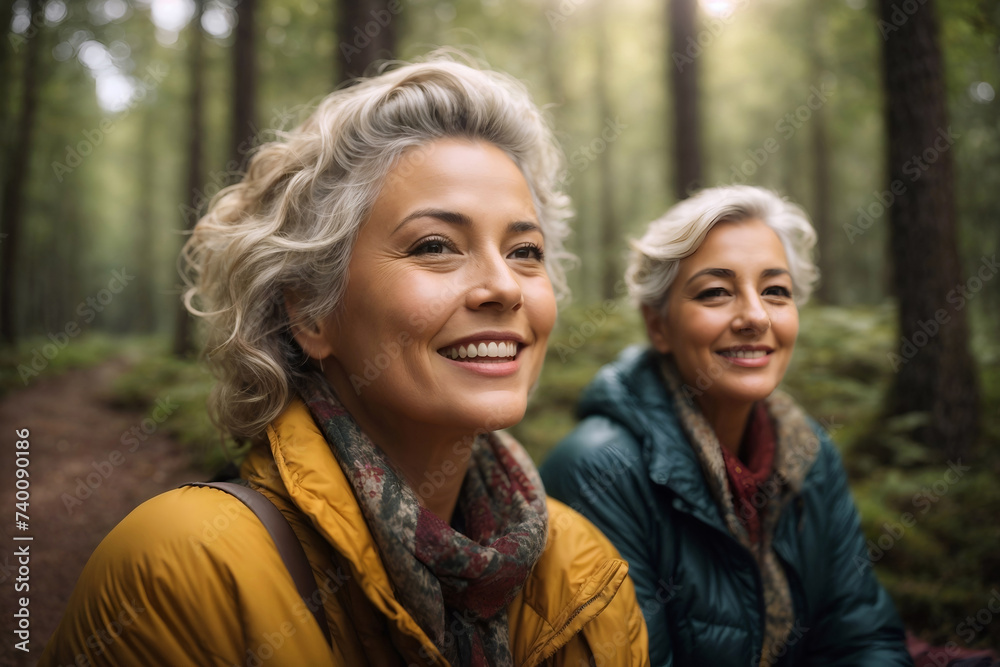 Middle aged women hiking in the forest, happy, smiling female in adventure, walking in the park with backpack. Travellers trekking in nature for cardio health. Healthy lifestyle, leisure activity.
Middle aged women hiking in the forest, happy, smiling female in adventure, walking in the park with backpack. Travellers trekking in nature for cardio health. Healthy lifestyle, leisure activity.