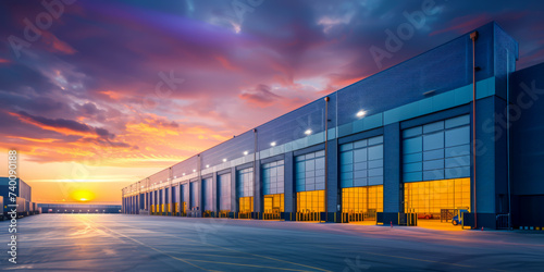 a verty large modern industrial warehouse at sunset exterior photo