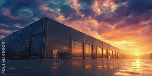 a verty large modern industrial warehouse at sunset photo
