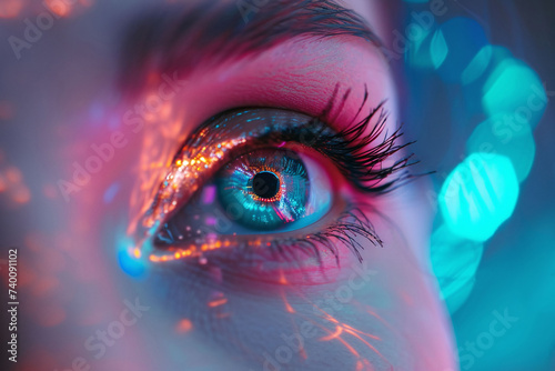 Close-up of a cyber eye with neon chips inside the iris and lens.