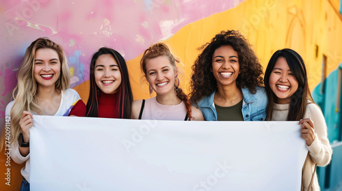 Group od young, smiling women holding white blank banner - copyspace. International Women's Day, sisterhood, empowerment