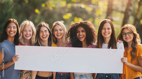 Group od young, smiling women holding white blank banner - copyspace. International Women's Day, sisterhood, empowerment