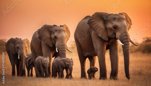 African Elephant Family of Five at Sunset © Gutium