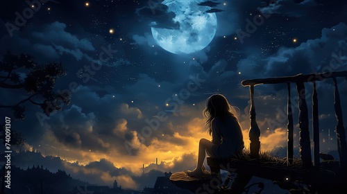Silhouette of a girl looking at the moon, orange and blue wallpaper