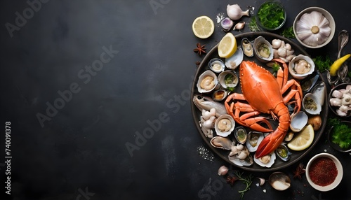 Assortment of different seafood with garlic, herbs and spices. On dark rustic background