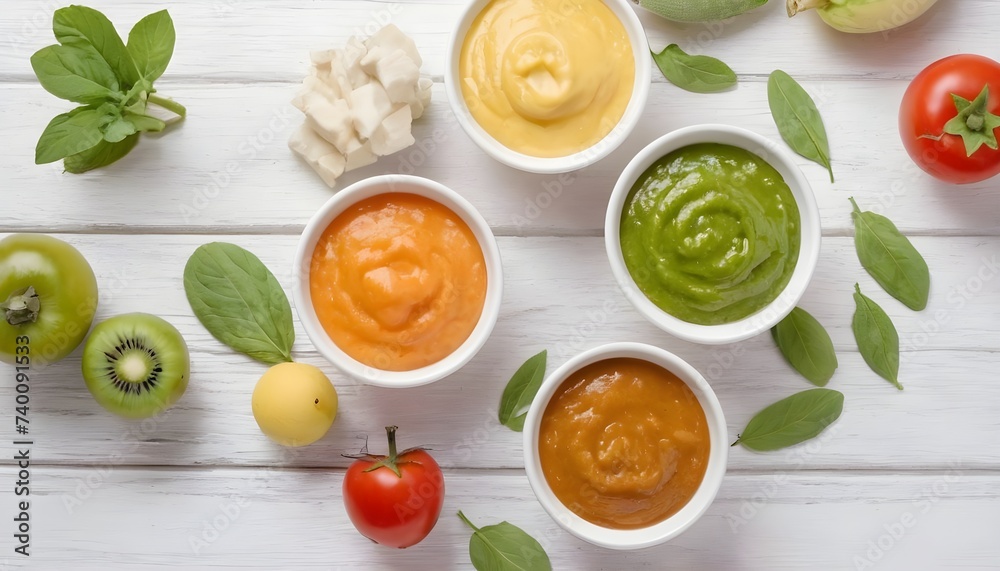 Baby food. Various baby purees from fresh vegetables and fruits. On a white wooden background