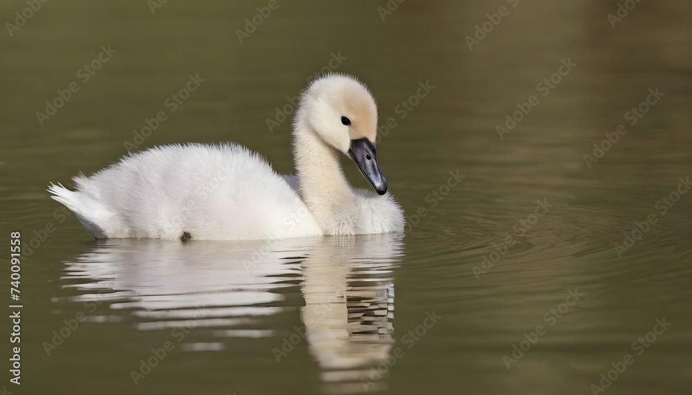 Baby mute swan, cygnus olor walking out of the waterlake