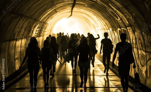 The dark, mysterious tunnel served as a path for the group of silhouetted people, their figures blending in with the bustling subway station behind them photo