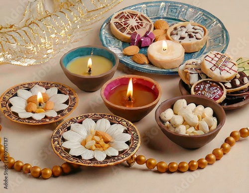 Diya lamps, candles, beads and plates of different treats on beige background. Divaly celebr