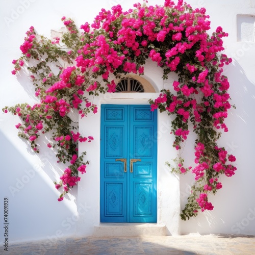 A blue door is enveloped by vibrant pink flowers that are blooming profusely, creating a striking contrast against the doors color.