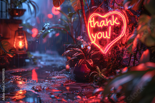 A heart-shaped object with ‘thank you’ amidst water droplets, glowing warmly. photo