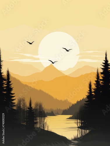 A painting depicting a colorful sunset over a tranquil lake, with a flock of birds gracefully flying in the sky.