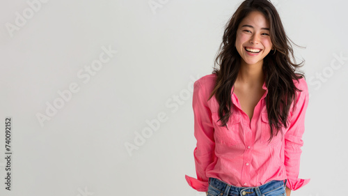Asian woman wear pink shirt smiling laugh out loud isolated on grey