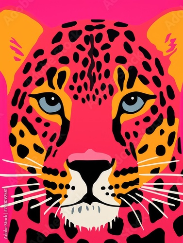 A painting of a leopard on a vibrant pink background, showcasing the stunning beauty and power of this wild animal.