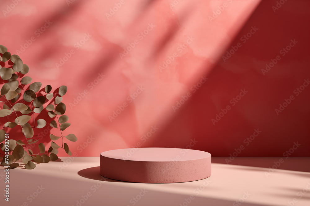Empty concrete podium with eucalyptus and beautiful shadows. Platform for presentation for cosmetics and perfumes with daylight. Empty concrete podium with eucalyptus and beautiful shadows. Platform for presentation for cosmetics and perfumes with daylight.