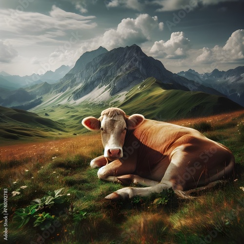 Brown Cow Resting Peacefully on a Lush Alpine Meadow During a Sunny Day