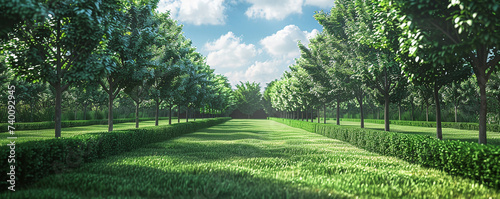 Long tree hedge and green grass lawn photo