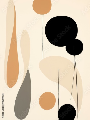 An abstract painting featuring bold black, brown, and white shapes arranged in a dynamic composition. The various shapes interact with each other, creating a sense of movement and contrast.