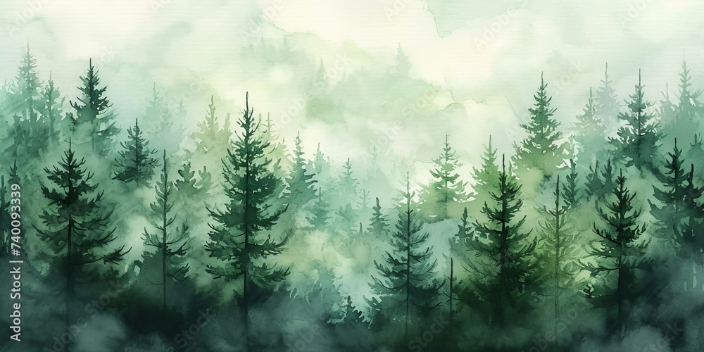 Watercolor painting of green forest woods trees, hand drawn fir and spruce trees, landscape .background illustration, Generative AI