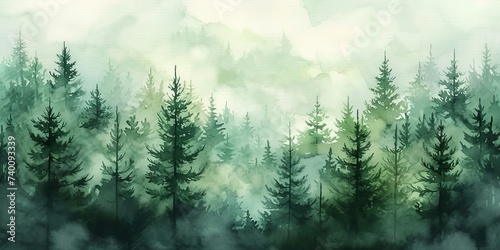 Watercolor painting of green forest woods trees, hand drawn fir and spruce trees, landscape .background illustration, Generative AI