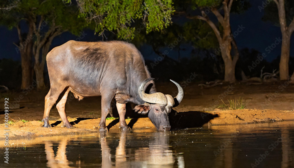 Fototapeta premium Cape buffalo (Syncerus caffer) drinking at night, Zimanga private game reserve, South Africa.