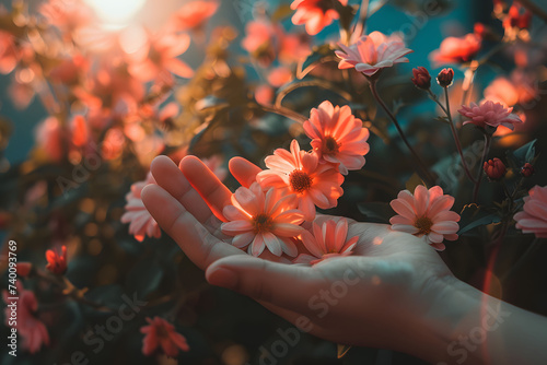 Close up hand hold flowers under the sunlight © CHAYAPORN