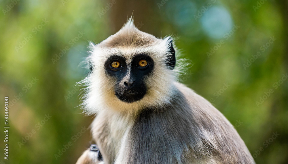 Gray Langur (Semnopithecus dussumieri) youngster in arms of mother Ranthambhore, India